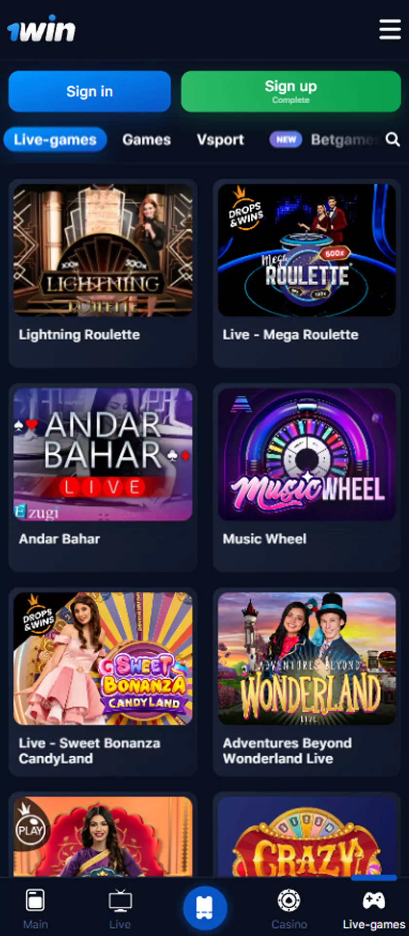 WowBet অ্যাপ লাইভ ক্যাসিনো বিভাগ।
