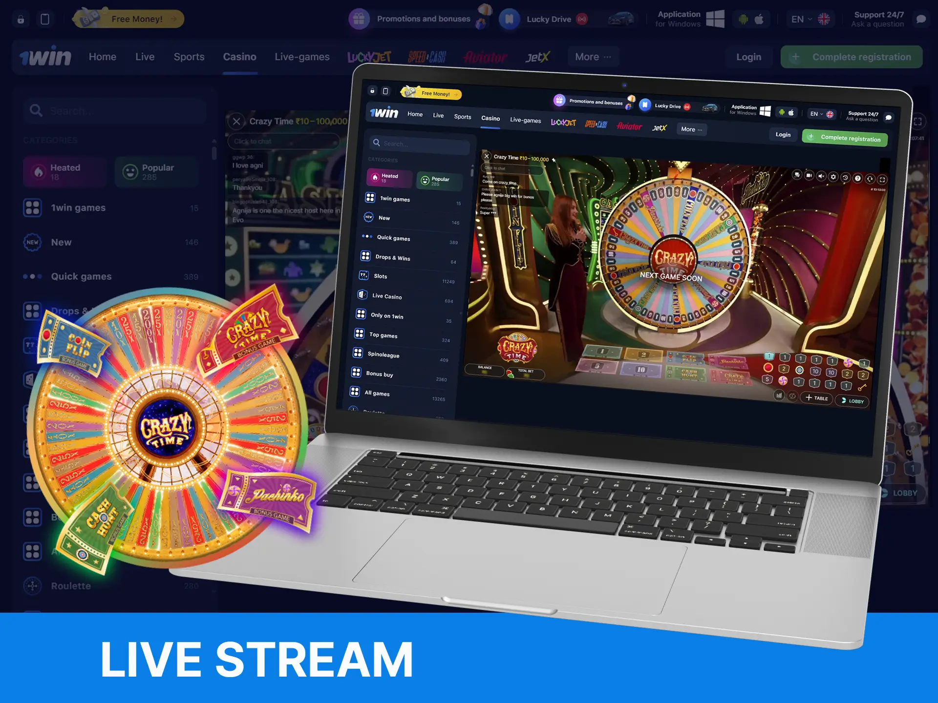 You can watch the Crazy Time game at WOWBet in real time 24/7.