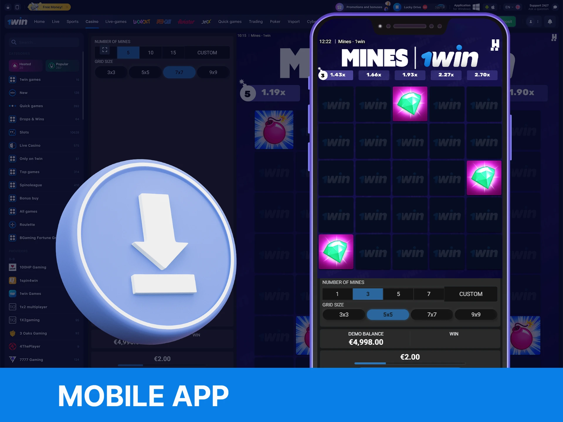 You can install the WOWBet app to play Mines any time.