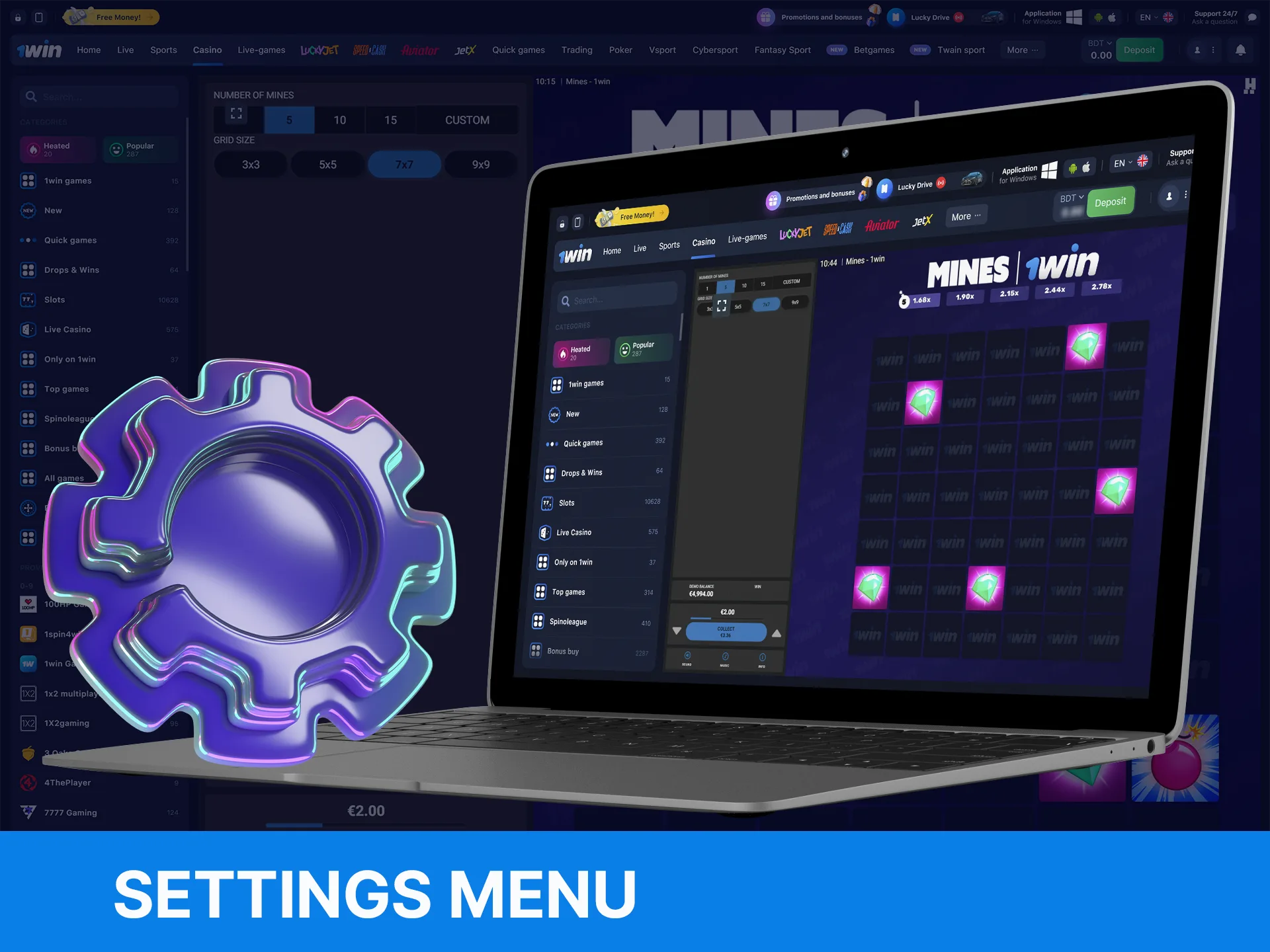 How to find settings menu in the Mines game at WOWBet.